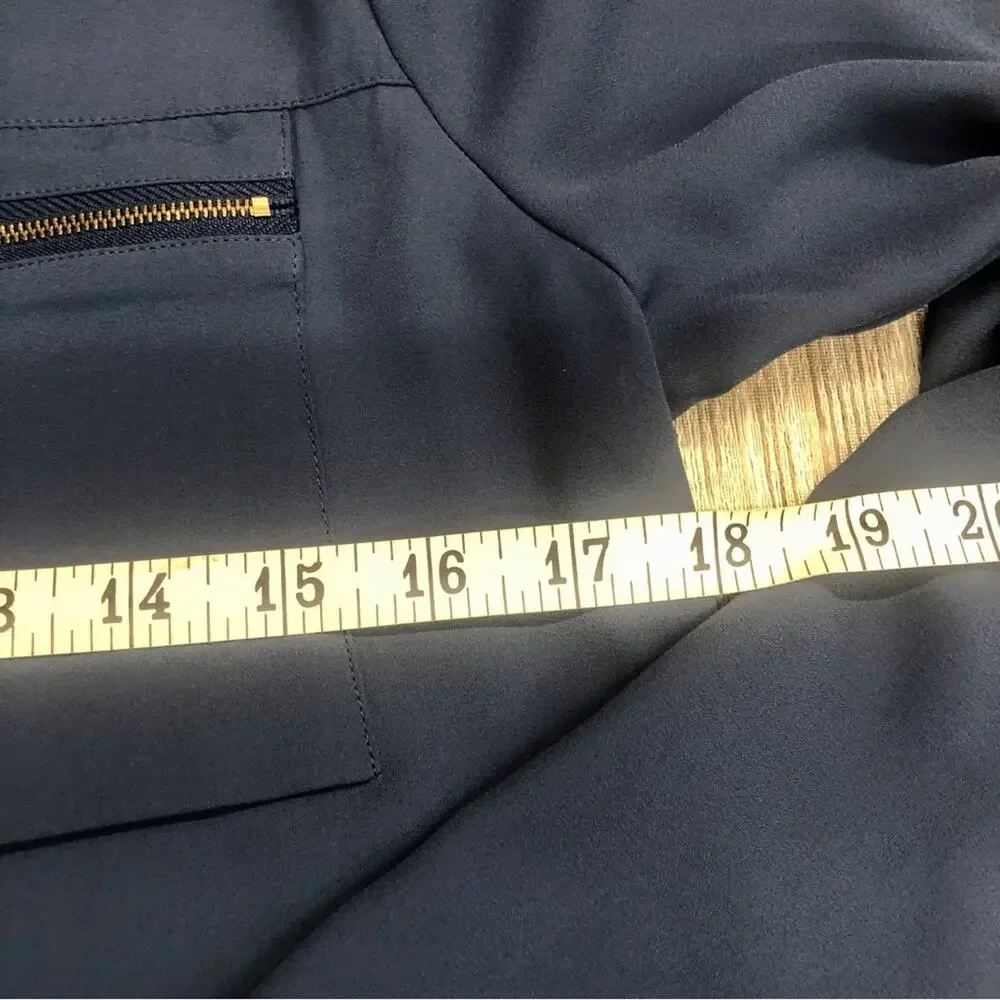 Express Blue Two Front Zip Pockets V Neck Breezy Popover Blouse Roll Tab Sleeve